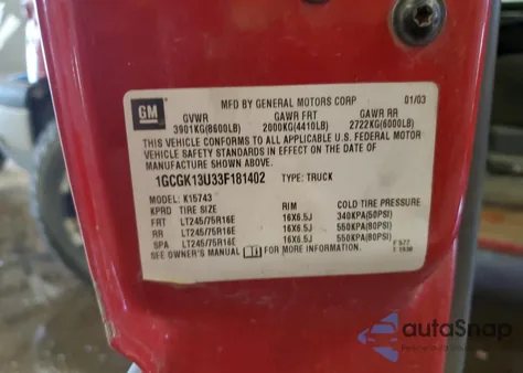 2003 Chevrolet Silverado K1500 Heavy Duty из США, поврежденный, VIN 1GCGK13U33F181402